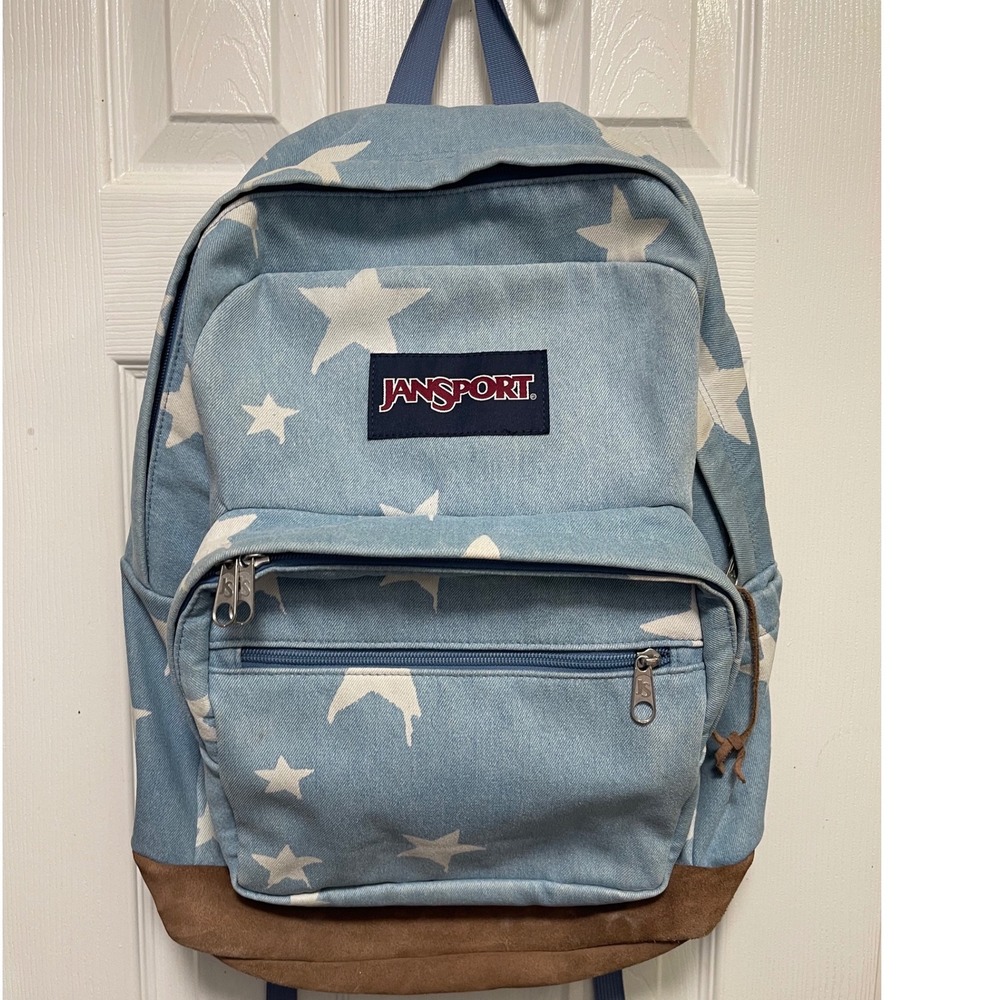 JanSport Right Pack Backpack Blue Denim Star Print Suede Bottom School Bag
